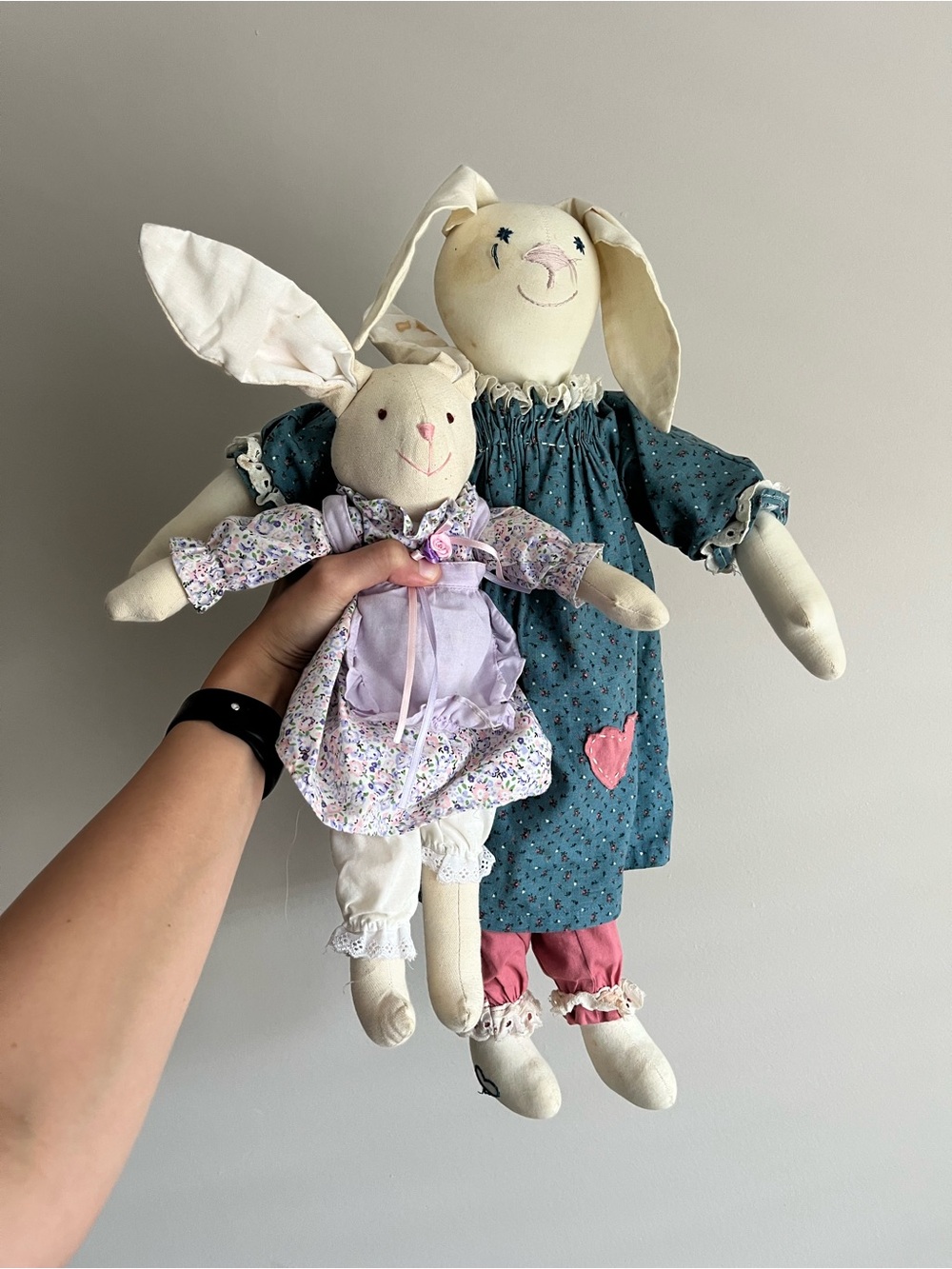 VTG Handmade Plush Bunny Pair Stuffed Animal Dolls